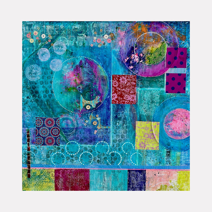 The artwork "It's Complicated" by Benna Holden features an abstract composition with layered textures and vibrant colors including blues, purples, pinks, and yellows. It incorporates circular motifs, patterned squares, and delicate dotting, reminiscent of Wassily Kandinsky's geometric abstraction and Paul Klee’s playful use of color and shapes.