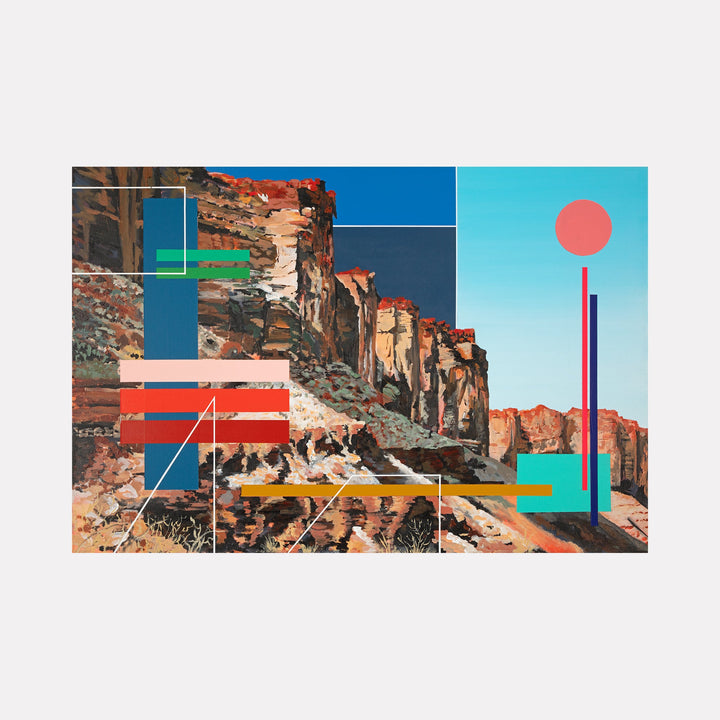 The artwork "Its Still Home" by Adam Anglin features a striking blend of natural and geometric elements, showcasing rugged cliffs and rocky terrain in warm earth tones contrasted with vibrant blocks of blue, red, green, and pink shapes, including a prominent red circle against a bright sky, creating a modern, abstract landscape composition. Adam Anglin.