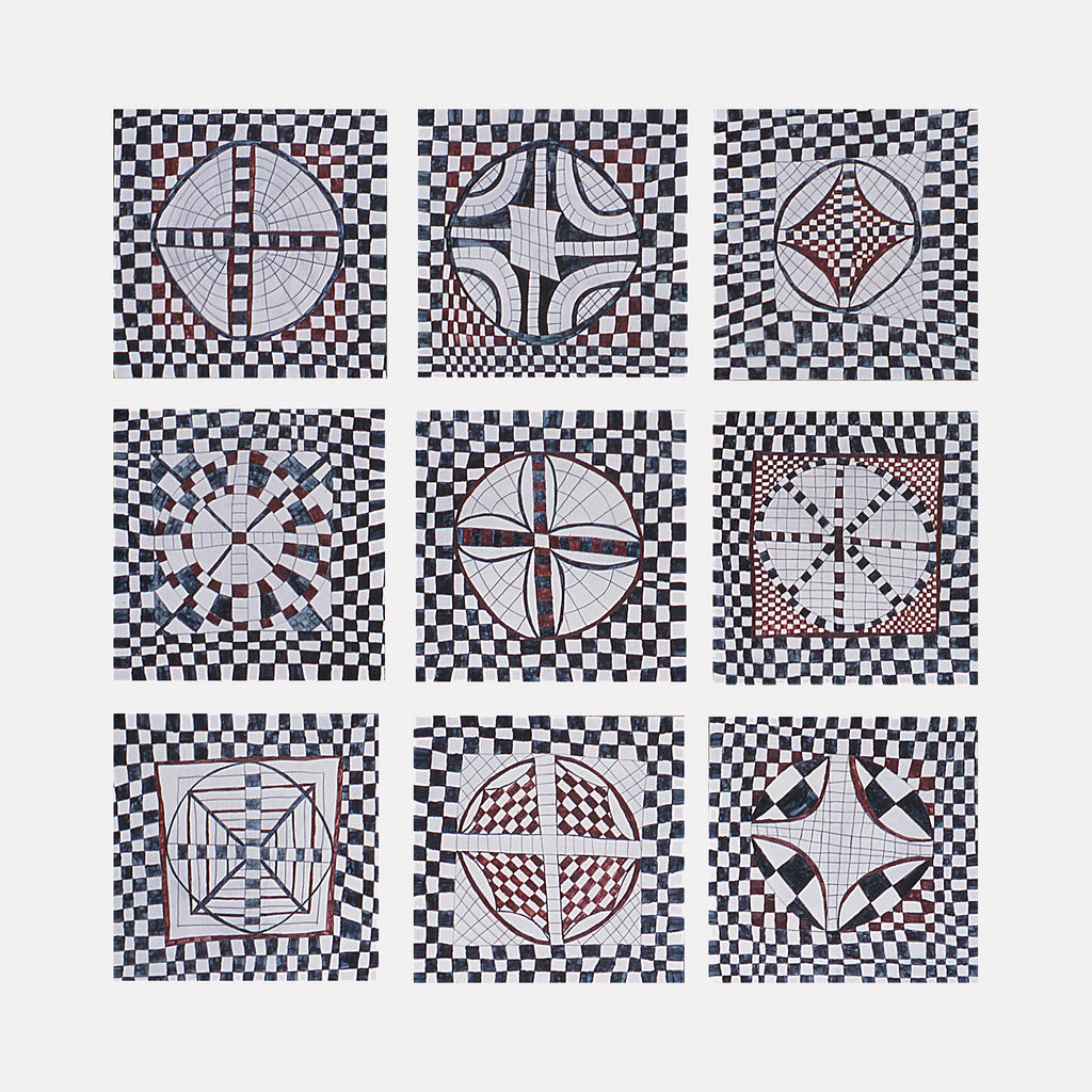 The artwork "JIGGLE" by Barbara Ellmann features a grid of nine abstract black and white square panels with intricate geometric patterns, each containing circular and angular shapes filled with checkered and lined textures. The minimalist composition evokes the optical playfulness and precision reminiscent of Bridget Rileyâ€™s op art and Sol LeWittâ€™s conceptual geometry.