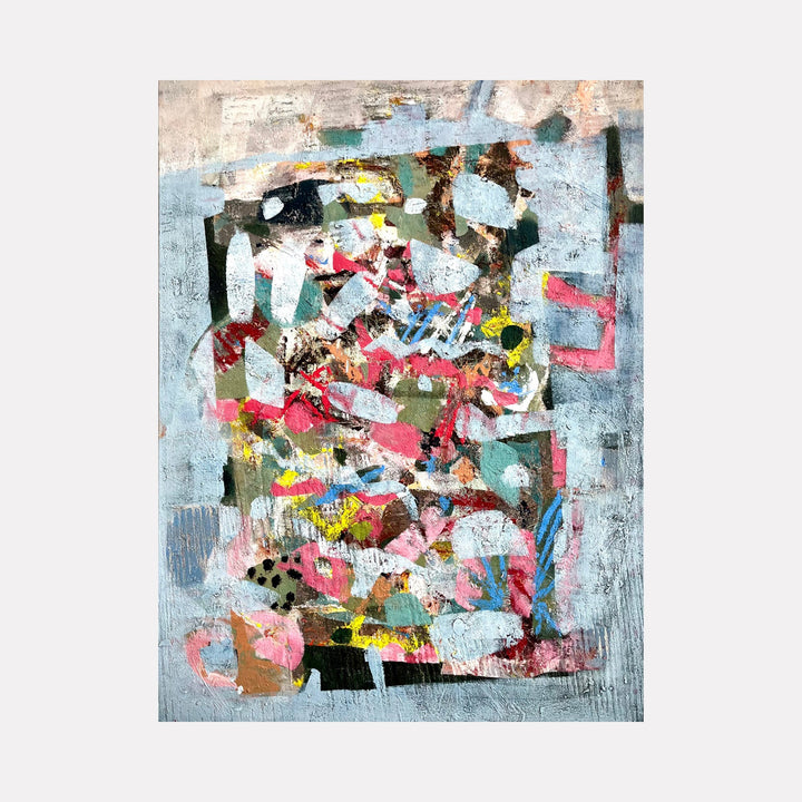 The artwork JUMP by John Goetz features an abstract composition with layered shapes and brushstrokes in pastel blues, pinks, yellows, and muted earth tones. The textured surface and fragmented forms evoke the dynamic energy of artists like Willem de Kooning and Robert Rauschenberg, blending expressionism with collage elements in a contemporary style.