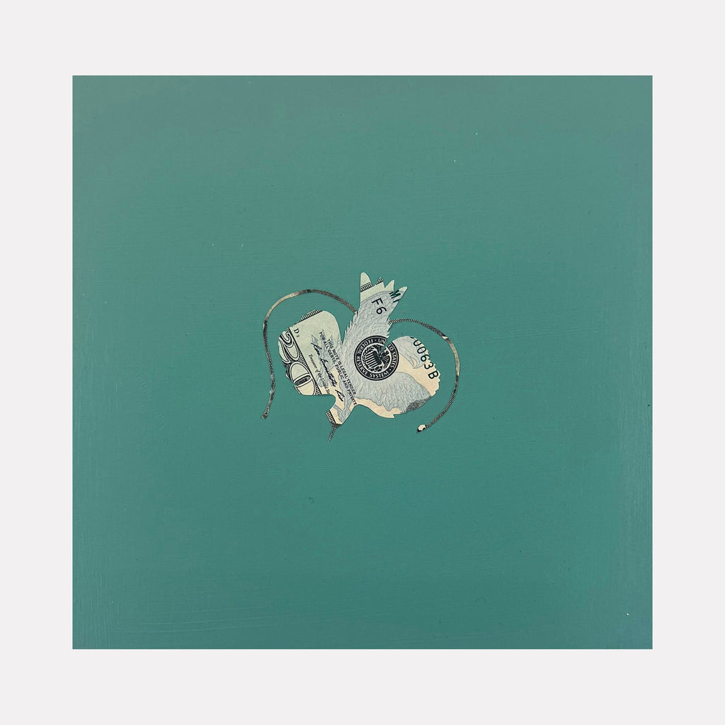 The artwork "Bird of Paradise" by Jacki Davis features a minimalist design with a small bird shape made from a collage of textured paper and currency elements, set against a solid teal background. The bird's form is emphasized by delicate, thin lines suggesting movement or flight. Jacki Davis.