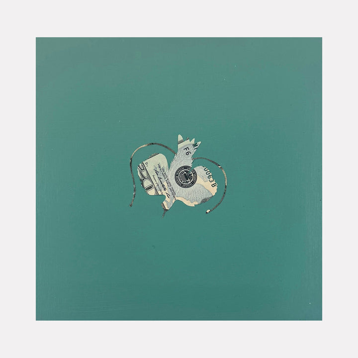 The artwork "Bird of Paradise" by Jacki Davis features a minimalist design with a small bird shape made from a collage of textured paper and currency elements, set against a solid teal background. The bird's form is emphasized by delicate, thin lines suggesting movement or flight. Jacki Davis.