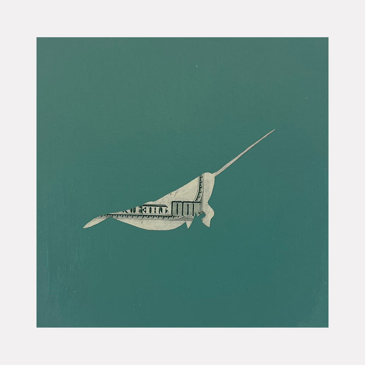 The artwork "Narwhal Spirit Messenger" by Jacki Davis features a minimalist depiction of a narwhal with a long, pointed tusk rendered in muted beige tones and subtle textural details against a solid teal background, evoking a serene and mystical oceanic vibe. The piece highlights clean lines and a modern artistic style.