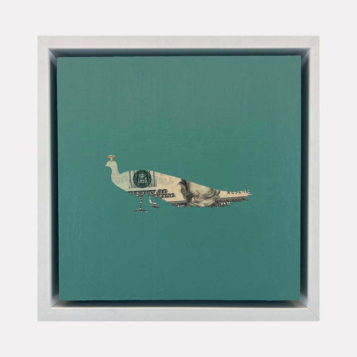 The artwork "Peacock" by Jacki Davis features a minimalist silhouette of a peacock filled with a textured collage of US dollar bill patterns against a solid teal background. The piece combines simplicity with an artistic blend of currency textures, creating a modern and unique visual style.