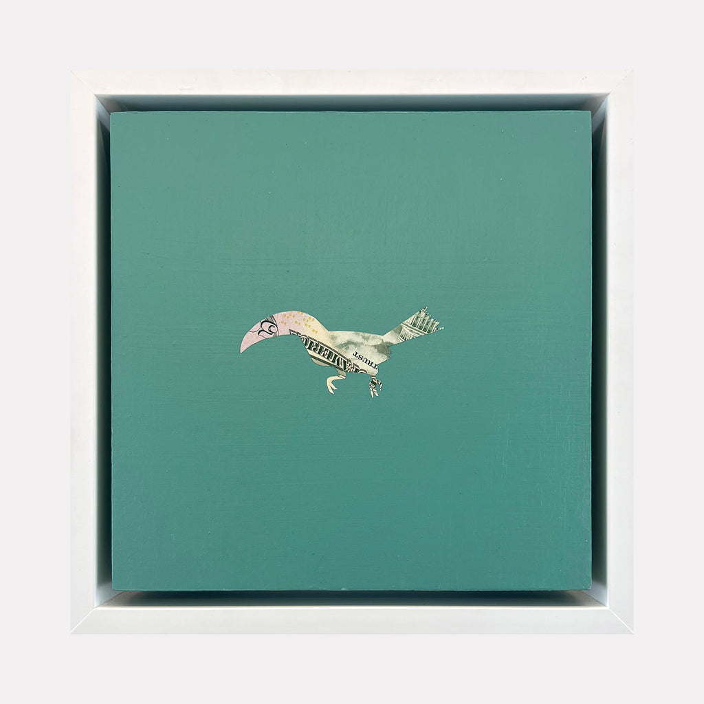 The artwork "Profit Margins, Toucan" features a small toucan silhouette crafted from US currency pieces, set against a solid teal acrylic background on an 8 by 8 inch wood panel. The minimalist composition highlights texture and color contrast. Created by Jacki Davis.