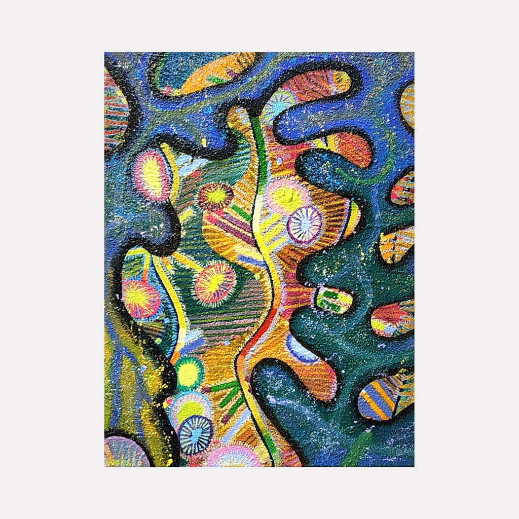 The artwork 'Birds of Paradise' features vibrant abstract forms reminiscent of tropical flora, with swirling patterns in luminous yellows, oranges, and blues against a deep teal background. Textured circular motifs and organic curved lines create a dynamic, dream-like composition, executed in oil and mixed media on canvas by Jade Chan.