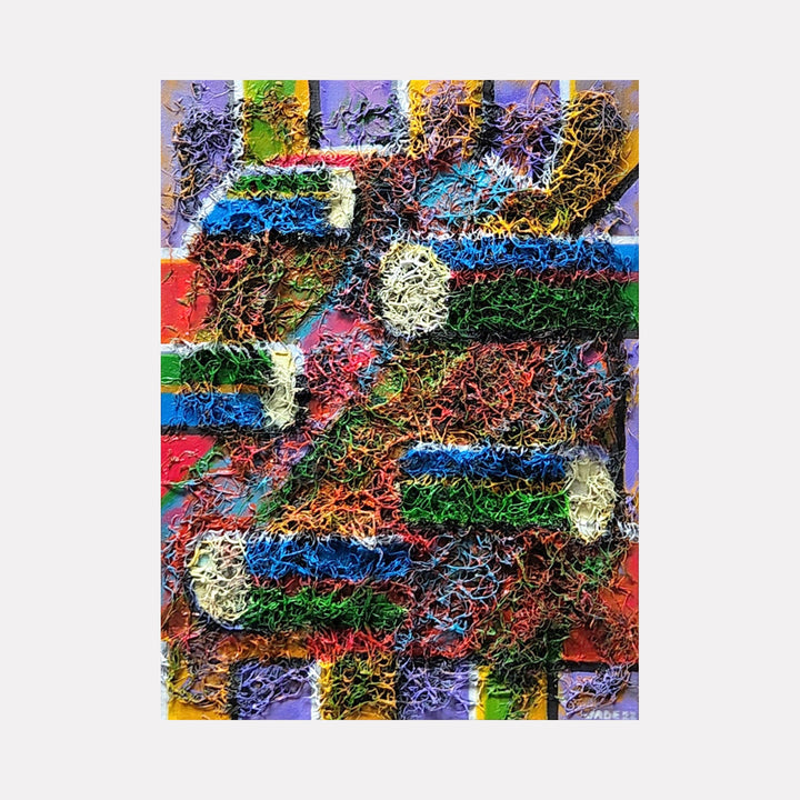 The artwork 'Harvest' by Jade Chan features a vibrant abstract composition with textured mixed media elements. Bold blocks of red, blue, purple, and green create a geometric foundation, overlaid with intricate, organic brown textures resembling twisted vines or roots. White circular forms punctuate the composition, adding depth and contrast to the dynamic, multi-layered surface.