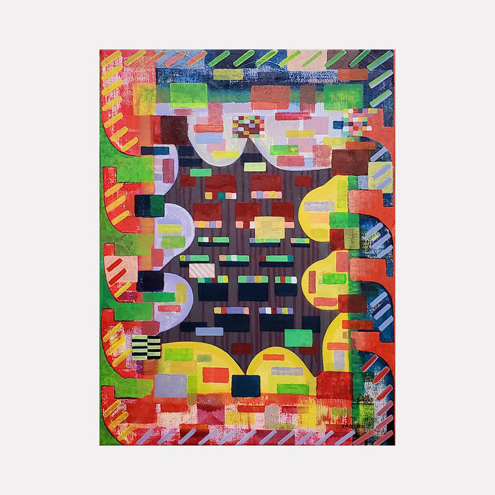 The artwork 'The Message' by Jade Chan features a vibrant abstract composition with geometric patterns in oil on canvas. The painting displays a kaleidoscopic array of blocks and curves in bold colors including red, green, yellow, and blue. Striped elements frame the edges, while rectangular shapes create a structured central pattern against a dark background, creating a dynamic visual rhythm.