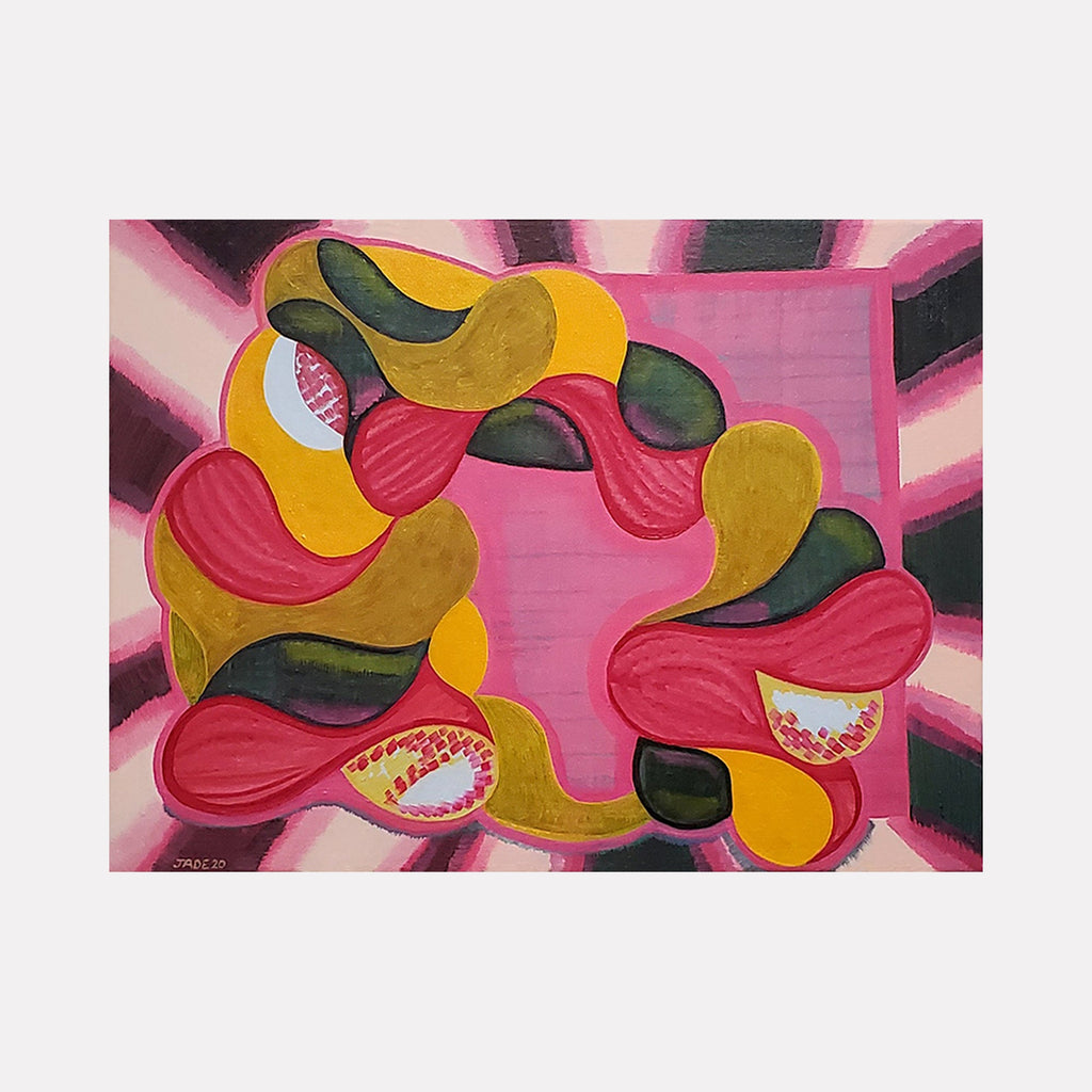 The artwork 'Trance' features abstract organic shapes in vibrant yellow, red, and dark green flowing in a curved formation against a radiating pink background. The shapes resemble stylized fruits or seeds with dotted white details, creating a dynamic and rhythmic composition in oil on canvas. By Jade Chan.