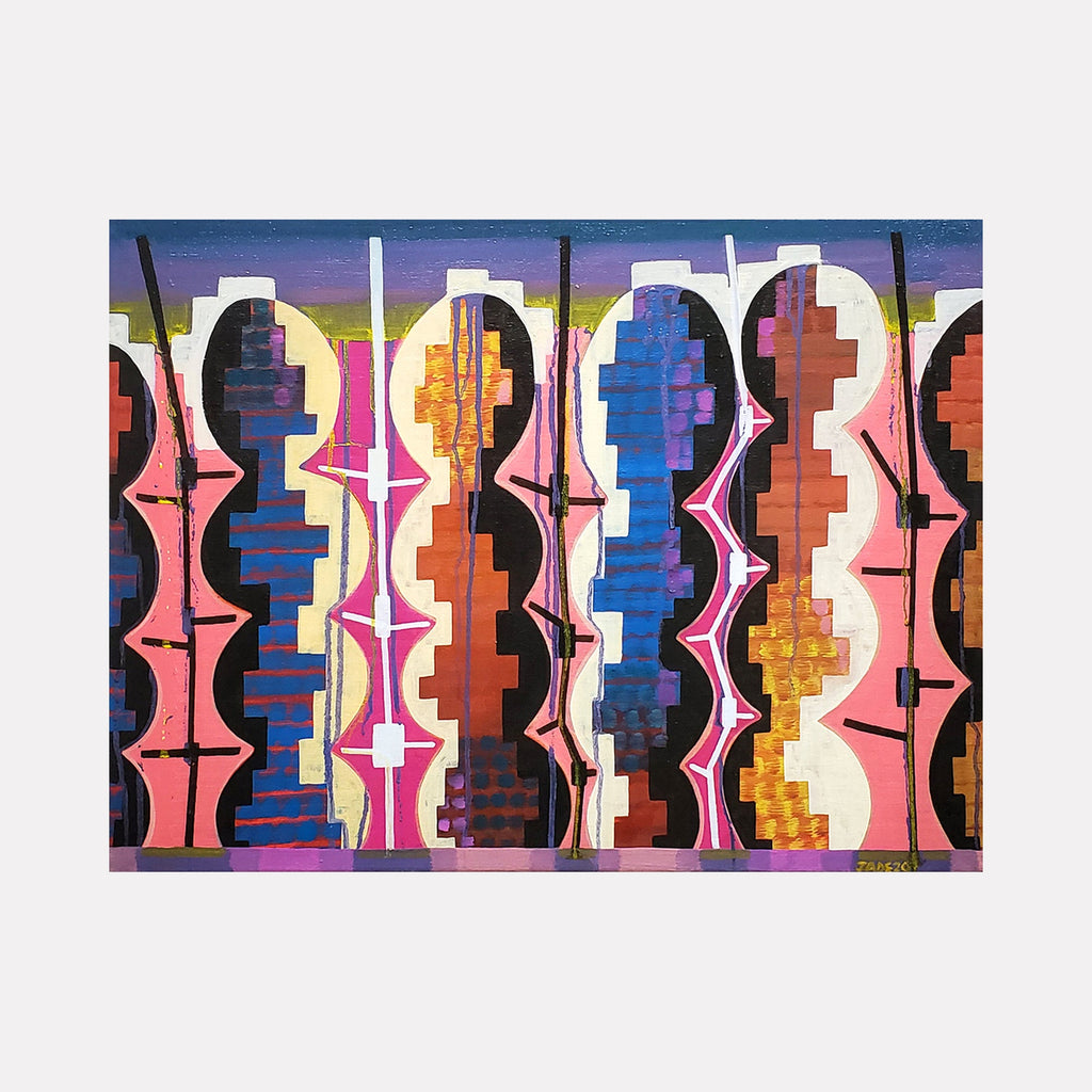The artwork 'Unfolding' by Jade Chan features abstract geometric silhouettes arranged in a vertical pattern. Each figure is filled with block-like segments in vibrant blues, oranges, and browns against a pink and purple gradient background. The composition creates a rhythmic pattern with jagged white lines separating each form, oil on canvas. By Jade Chan.