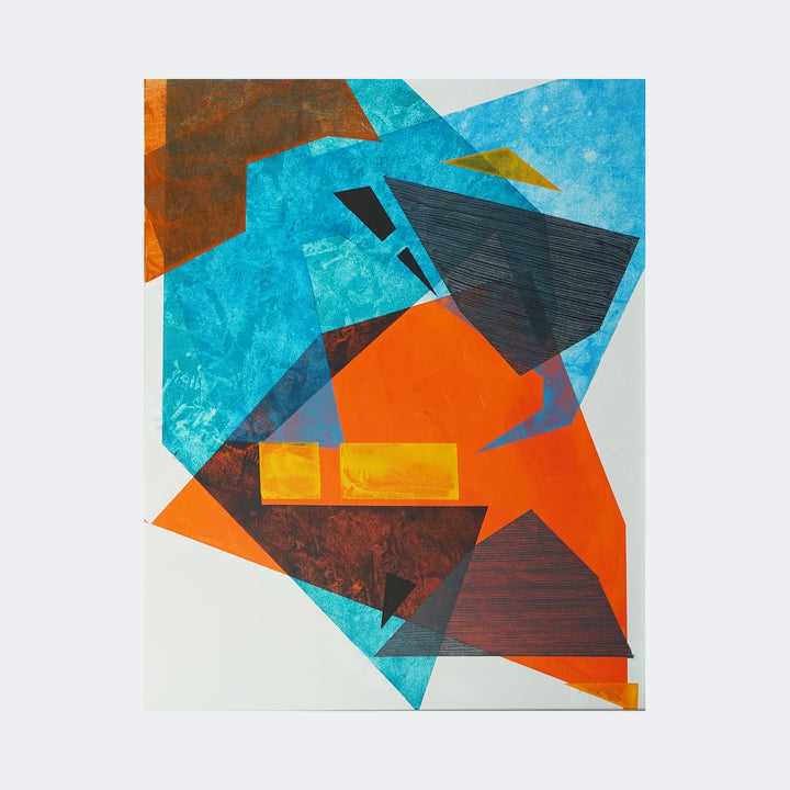 The artwork "Jagged Edge" by Lisa Petker Mintz features an abstract composition of sharp, angular shapes in bold hues of turquoise blue, fiery orange, deep brown, and mustard yellow. The textured layers and intersecting forms evoke styles reminiscent of Pablo Picasso's Cubism and the geometric abstraction of Kazimir Malevich, combining dynamic energy with balanced color contrasts.