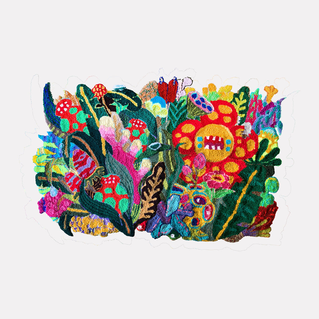 The artwork "Curiouser and Curiouser" by James Hsieh features a vibrant, densely packed embroidered composition of abstract floral and botanical shapes in bold reds, greens, blues, and yellows. The textured layers and rich palette evoke the whimsical complexity and surrealism reminiscent of Henri Matisse’s cut-outs and Joan Miró’s organic abstractions.