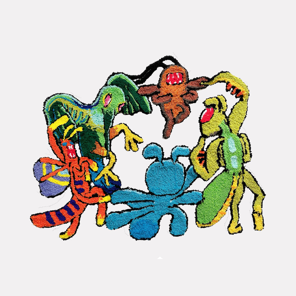 The artwork "Dance" by James Hsieh features an abstract composition of whimsical, colorful figures in bold greens, blues, reds, and yellows with textured, playful forms. The lively arrangement and organic shapes evoke a dynamic energy reminiscent of Joan Miró’s surreal abstraction and the joyous spontaneity found in works by Paul Klee.