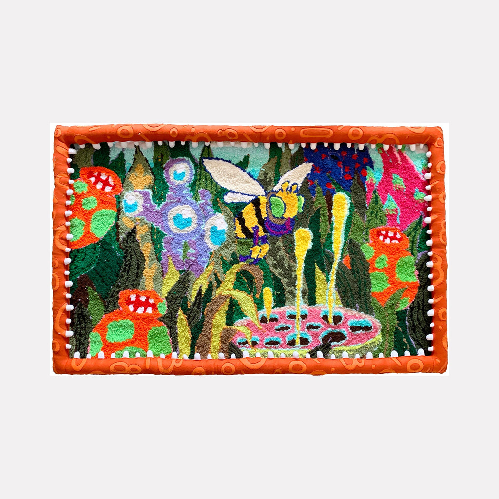 The artwork "Fortress 2" by James Hsieh features a vibrant abstract landscape with bold organic shapes in bright greens, reds, purples, and yellows. Textured layers and dynamic brushstrokes suggest natural elements and movement, evoking the playful abstraction of Joan Miró and the lively palettes of Helen Frankenthaler.