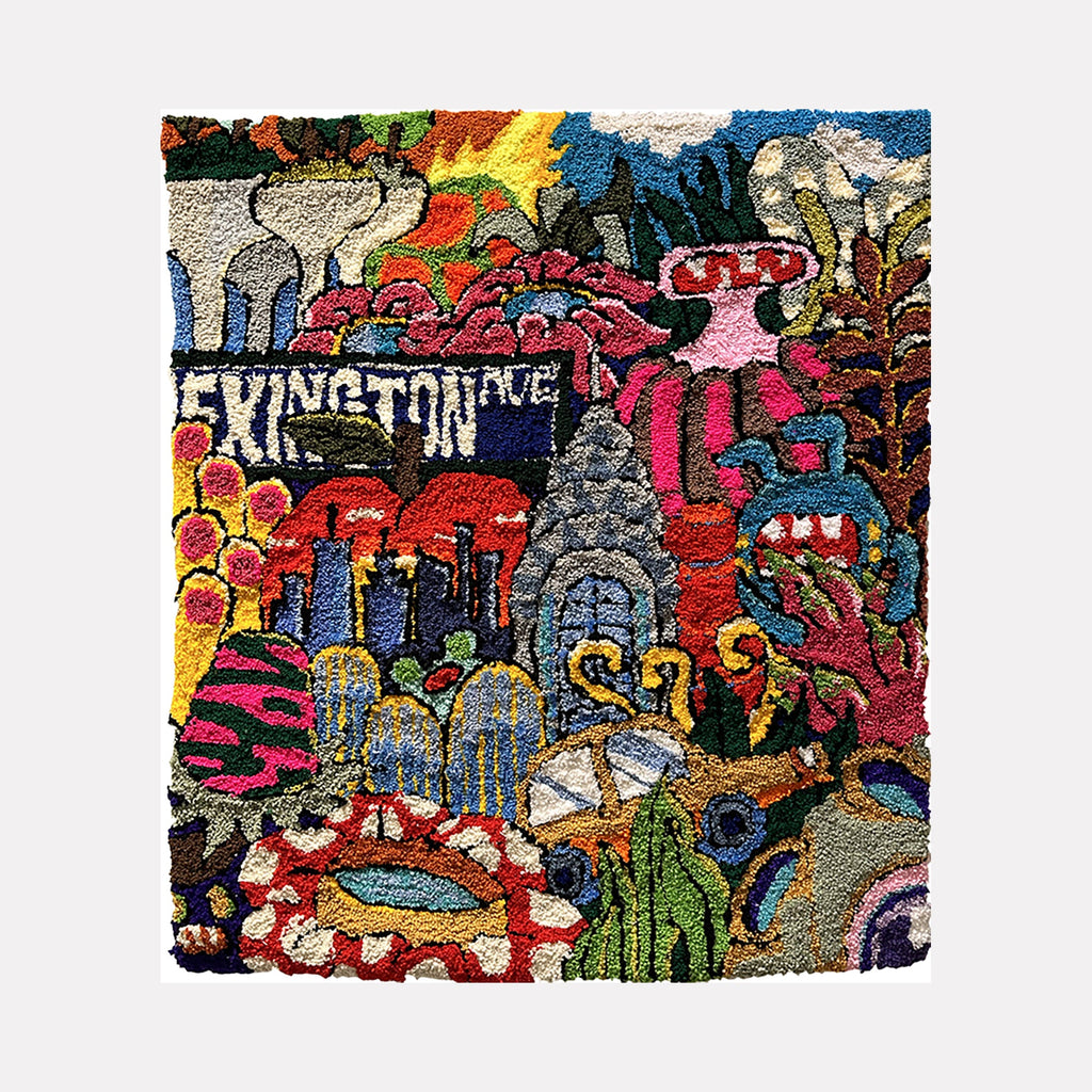 The artwork "Living In My Dream" by James Hsieh features a vibrant, textured composition filled with bold abstract shapes and organic forms in rich reds, blues, greens, and yellows. The dense layering and energetic brushwork evoke a lively, dreamlike atmosphere, reminiscent of Jean Dubuffet’s raw expressions and the vivid color play found in works by Joan Miró.