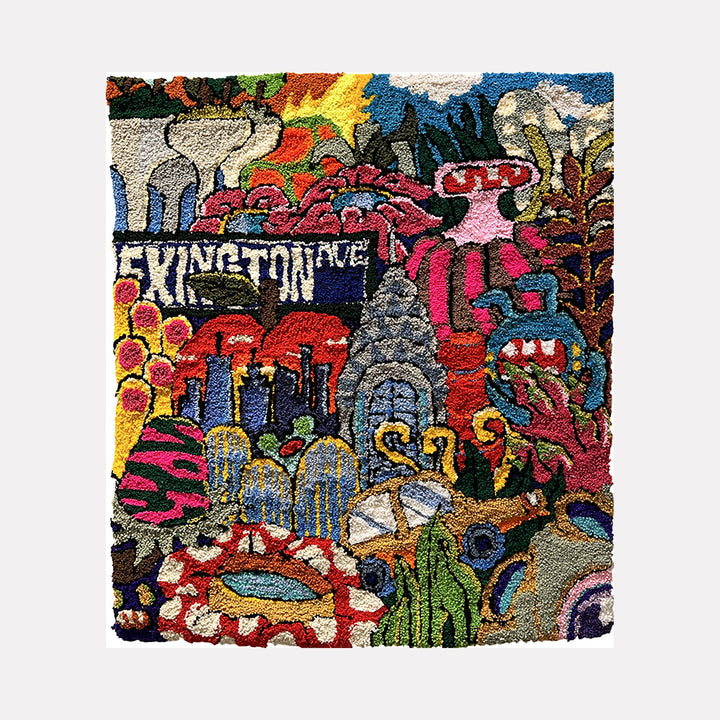 The artwork "Living In My Dream" by James Hsieh features a vibrant, textured composition filled with bold abstract shapes and organic forms in rich reds, blues, greens, and yellows. The dense layering and energetic brushwork evoke a lively, dreamlike atmosphere, reminiscent of Jean Dubuffet’s raw expressions and the vivid color play found in works by Joan Miró.