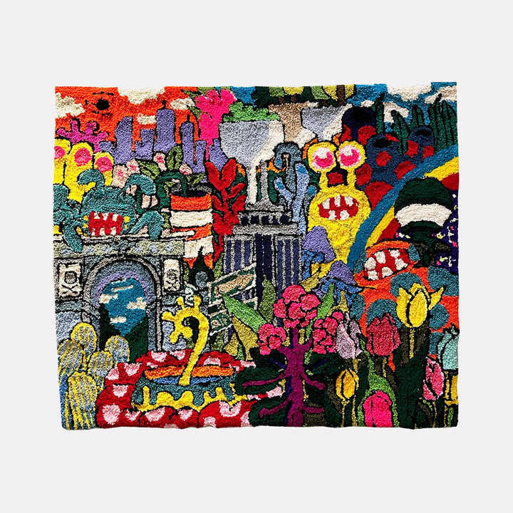 The artwork "New York State Of Mind" by James Hsieh features a vibrant, textured tapestry filled with whimsical, abstract shapes and colorful figures set against a busy urban backdrop. Rich in bold reds, yellows, blues, and greens, the playful composition evokes the energetic, surreal qualities found in Jean Dubuffet and Keith Haring’s modern, street-inspired styles.