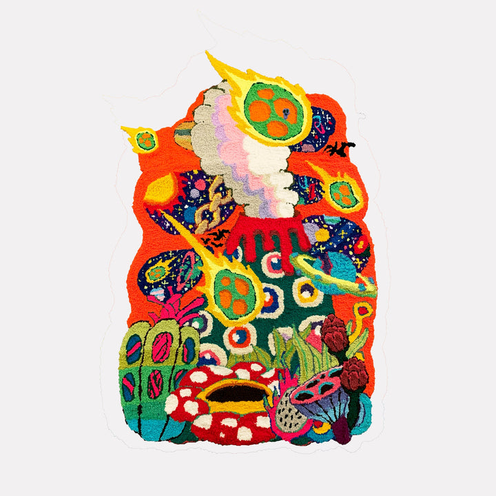 The artwork "The End Is Only The Beginning" by James Hsieh features a vivid, surreal composition with organic shapes resembling mushrooms, coral-like forms, and other fantastical flora in bright oranges, greens, blues, and pinks. The textured, layered style evokes the imaginative worlds of Joan Miró and Yayoi Kusama.