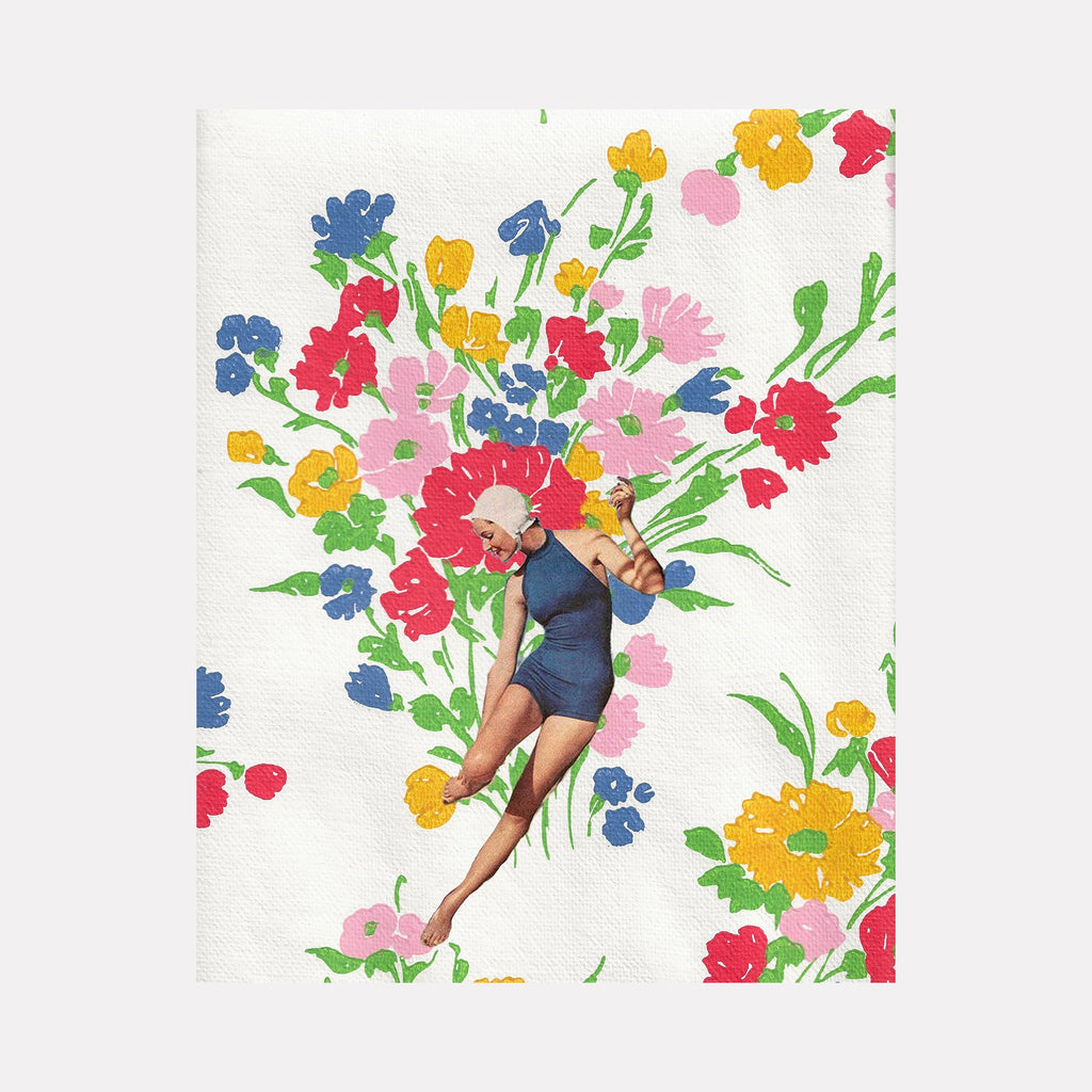The artwork "Jan" features a stylized figure of a woman in a blue swimsuit and white swim cap, gracefully posed against a background of vibrant, colorful flowers in red, yellow, pink, blue, and green. The texture resembles a soft fabric or canvas with a playful, vintage aesthetic. By Theresa Gooby.