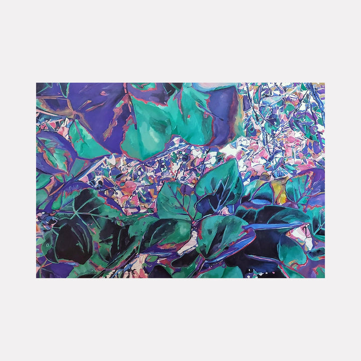 The artwork "Poplar in Shadow" by Jane E. Skafte features an intricate composition of large, overlapping poplar leaves in various shades of deep green, teal, and purple, contrasted by lighter, fragmented background areas in pastel hues. The piece showcases rich textures and a dynamic mix of organic shapes, capturing shadow and light interplay. Jane E. Skafte.