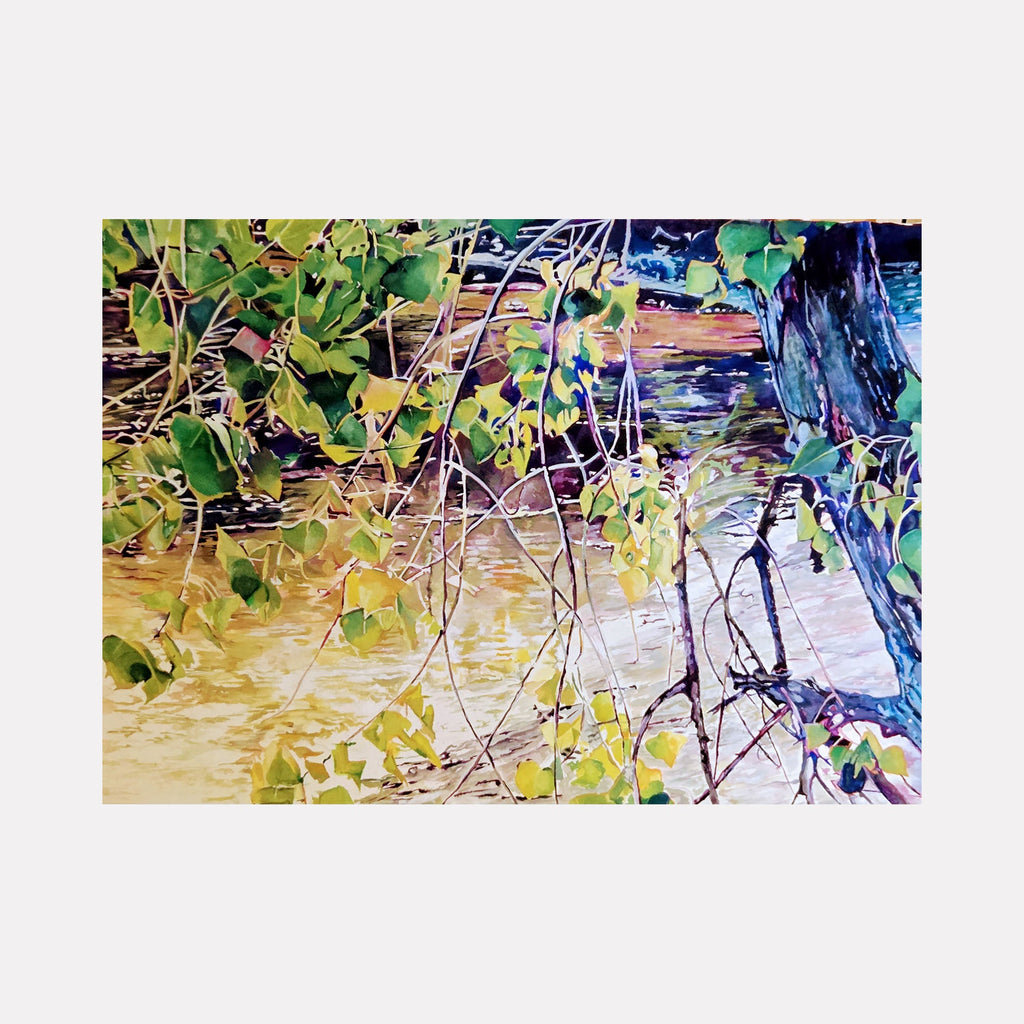 The artwork "Reservoir" by Jane E. Skafte depicts an intricate scene of a water body partially obscured by branches and lush green and yellow leaves. The composition evokes a naturalistic yet slightly abstract style reminiscent of impressionist artists like Claude Monet, with textured brushwork and a harmonious blend of earthy and cool tones conveying a serene riverside atmosphere.