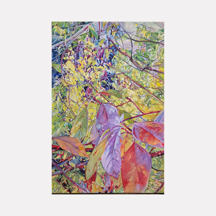 The artwork "Vines on Maple Tree" by Jane E. Skafte captures an intricate natural scene with intertwining vines and colorful leaves in warm autumn tones of red, purple, and yellow. The detailed textures and layered composition evoke the style of botanical realism combined with impressionistic influences reminiscent of Claude Monet’s garden series, emphasizing light and vibrant foliage.