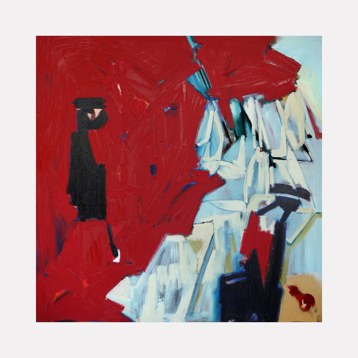 Nostalgia, Nutcrackers, and Neverland: By the Jester's Collar by Lia Rodi presents a vibrant abstract composition dominated by bold red patches contrasted with cool blues and whites. Angular shapes and textured brushwork create a dynamic tension, suggesting a whimsical yet intense modern expression with a theatrical undertone.