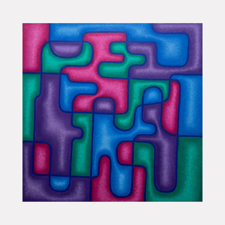 The artwork "A Collective of Chance" features an abstract composition of interlocking, organic shapes in bold colors including blue, purple, teal, and magenta, with smooth gradients and soft textures creating a fluid, puzzle-like effect. The piece showcases a modern, geometric style by Joe Piscopia.