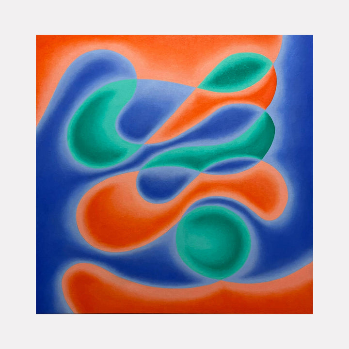 The artwork "Balanced Coil" by Joe Piscopia features an abstract composition of flowing, organic shapes in vibrant orange, deep blue, and teal hues. The smooth gradients and soft, rounded forms evoke a sense of harmony and movement, reminiscent of the modernist abstractions by artists like Wassily Kandinsky and Jean Arp.