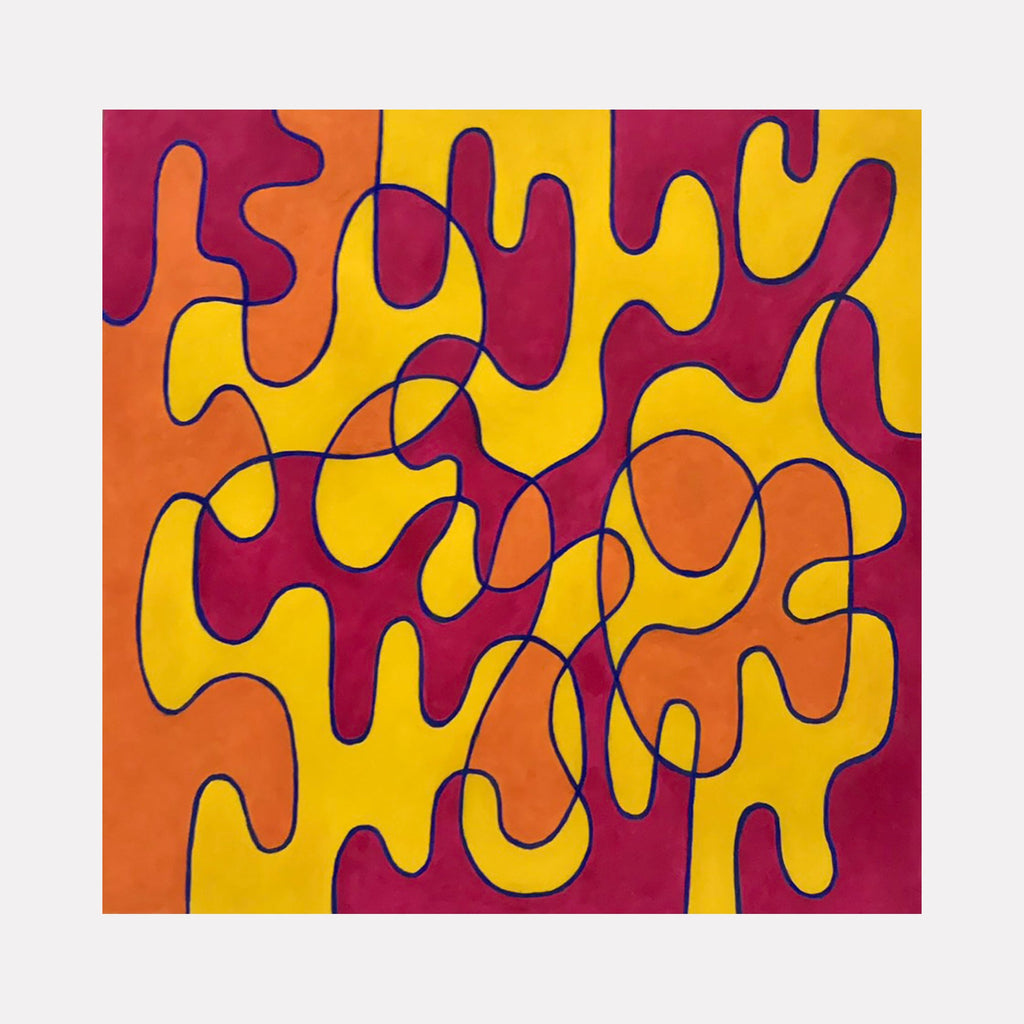 The artwork "Burning Braid" features an abstract composition with interlocking organic shapes in vibrant shades of yellow, orange, and deep red, outlined by thin dark lines creating a fluid, braided effect. The textured colors blend smoothly, evoking warmth and movement. By Joe Piscopia.