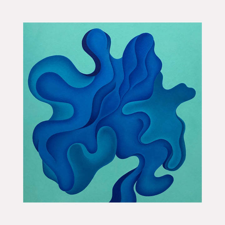 The artwork Stemwinder by Joe Piscopia features an abstract composition of layered organic shapes in varying shades of deep and light blue against a muted teal background. The smooth, flowing forms evoke a sense of fluidity reminiscent of Henri Matisse’s cut-outs, combining modern abstraction with a tranquil color palette and soft gradients.