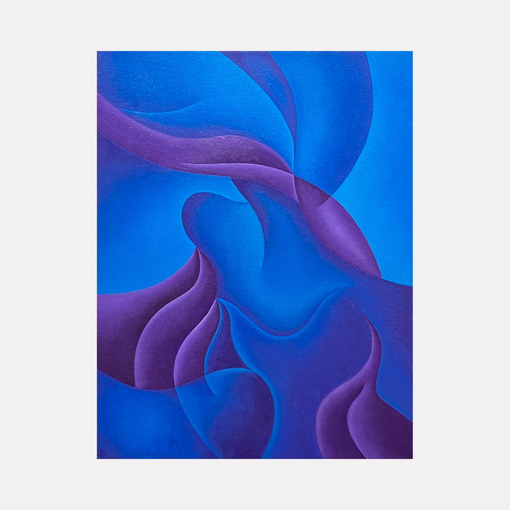 The artwork "Sullen Childhood" by Joe Piscopia features a fluid composition of abstract, overlapping shapes in deep blue and rich purple tones. The smooth, curved forms create a sense of movement and depth, reminiscent of the organic abstraction found in works by Georgia O’Keeffe and the color harmony seen in Mark Rothko’s paintings.