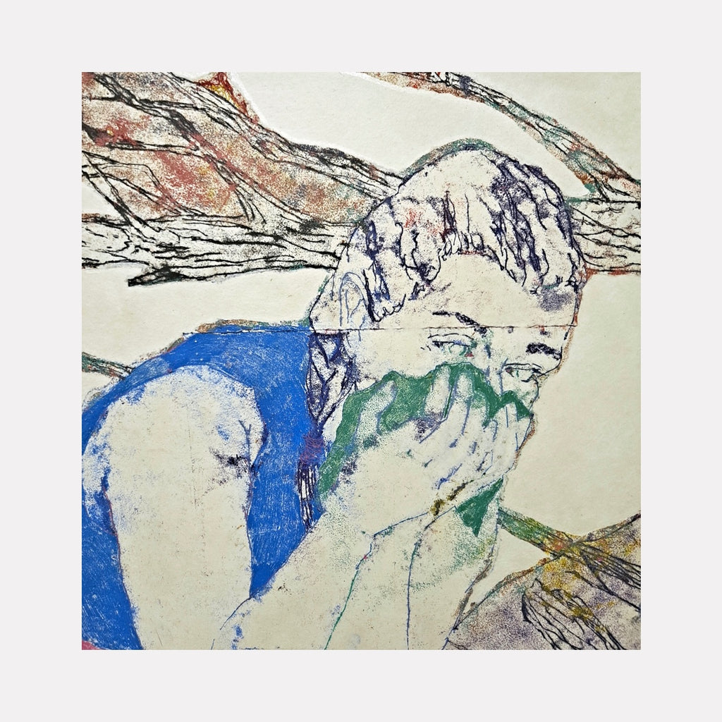 Where There's Smoke by Johanna Ryan portrays a figure partially obscuring their face with hands, rendered in delicate, textured lines and muted hues of blue, green, and earthy tones. The composition suggests a moment of quiet reflection amid flowing, abstract natural forms.