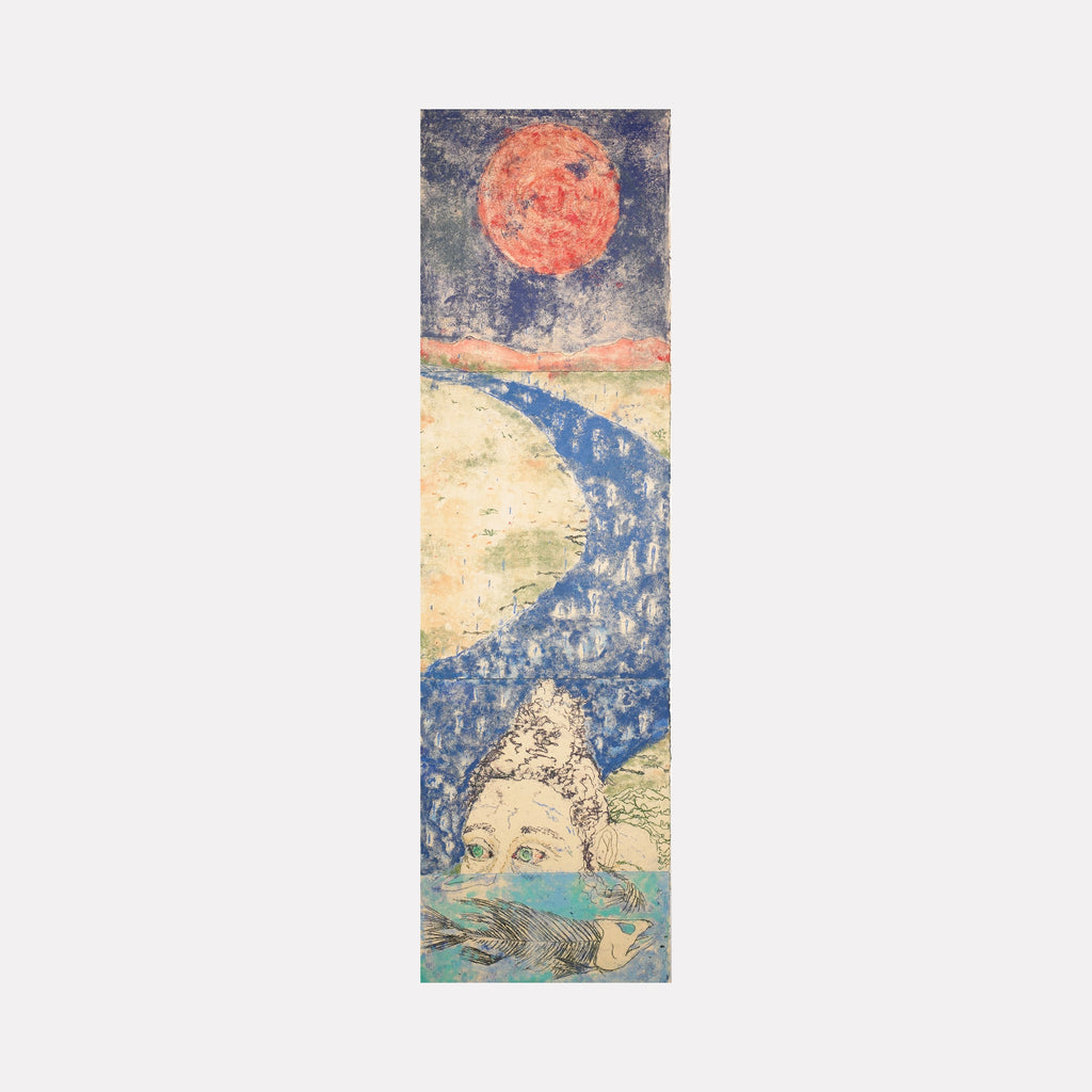 Fish Outta Water by Johanna Ryan depicts a surreal scene with a large red sun or moon hanging above a winding blue river that flows into a body of water where a partial face and hand emerge, rendered with soft, textured lines and muted earthy tones, creating an evocative and dreamlike atmosphere.