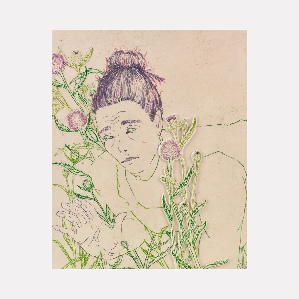 In the Weeds by Johanna Ryan depicts a contemplative figure amidst delicate, sketch-like thistle plants in muted tones of green, purple, and soft beige. The subtle linework and restrained color palette evoke a quiet introspection, with organic forms weaving gently around the pensive expression, creating a serene, intimate atmosphere.