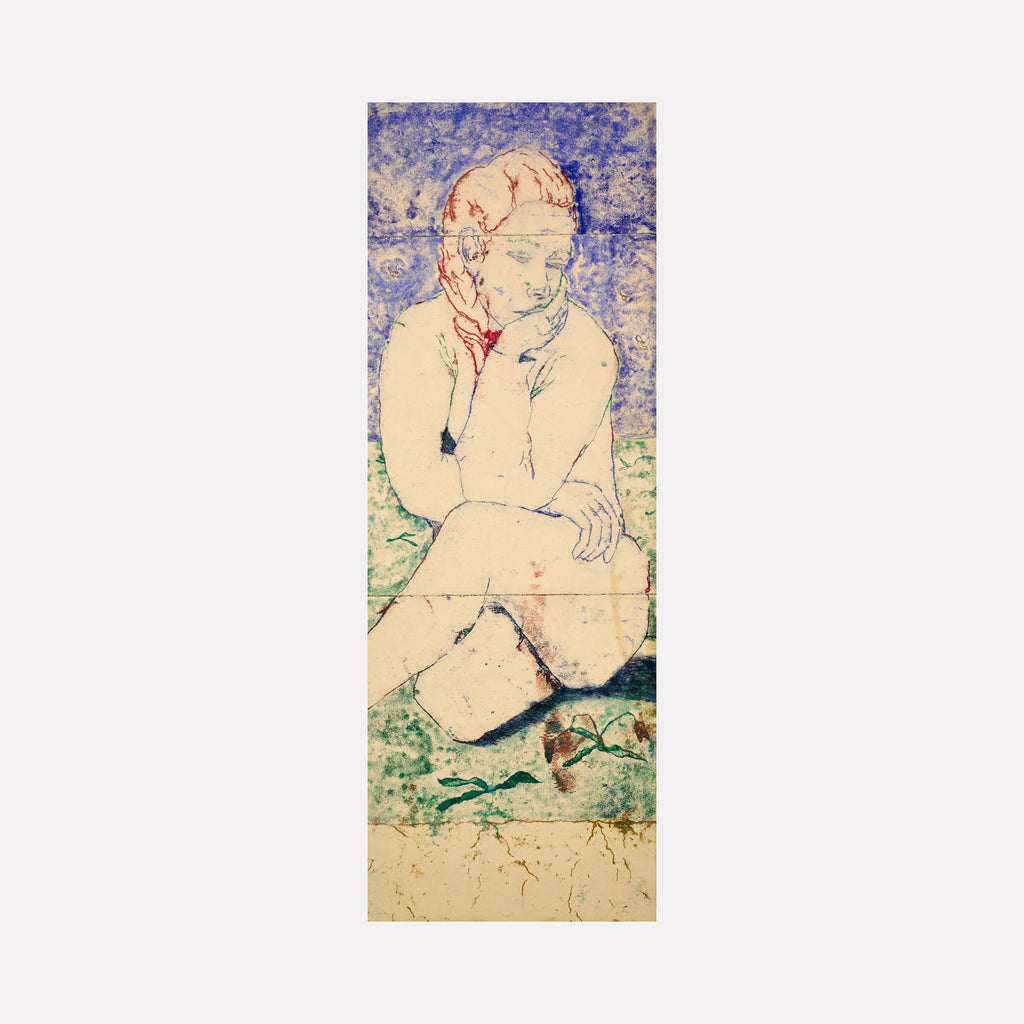 Not So, Busy Bees by Johanna Ryan presents a softly rendered figure seated with a contemplative expression, outlined in gentle red lines against a textured backdrop of deep blue and muted green. The vertical composition and subtle marks create a quiet, introspective mood filled with gentle stillness and thoughtful calm.