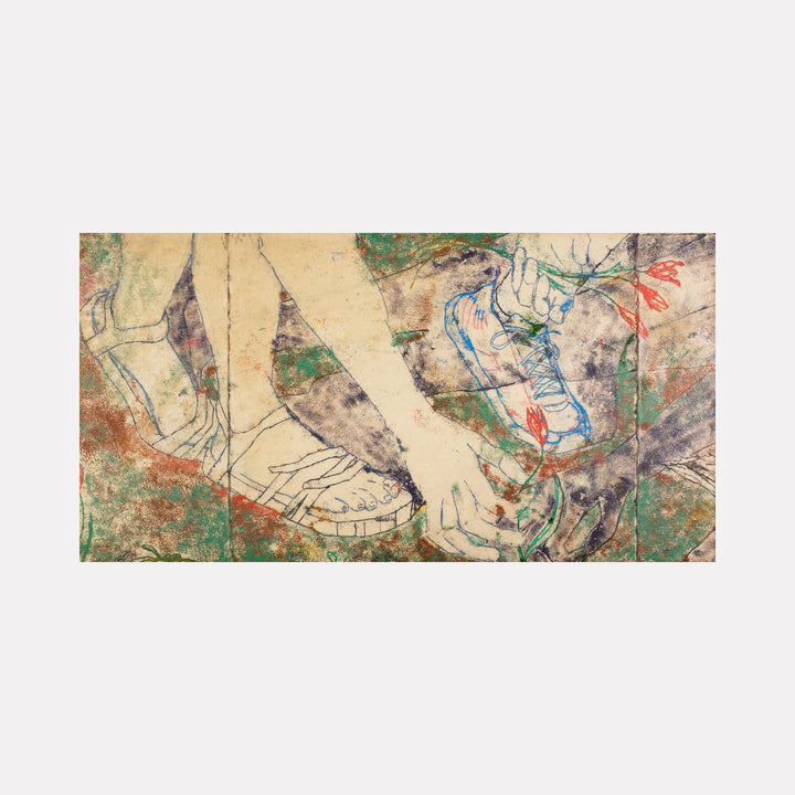 Stop and Smell the Daisies by Johanna Ryan captures a subtle scene of hands and feet intertwined with delicate, sketch-like floral elements in muted earth tones and soft blues, evoking a quiet moment of connection with nature through gentle, textured linework and layered color washes.