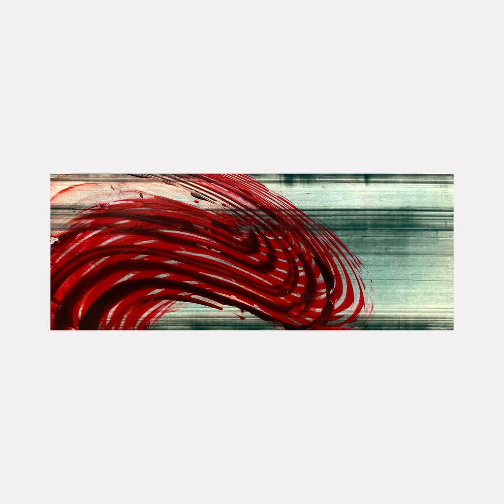The artwork "Ride the Mindway 01" by John Cox features dynamic sweeping red brushstrokes over a textured background of muted greens and blues, evoking movement and depth. The abstract style echoes the expressive energy found in works by Gerhard Richter and Franz Kline, blending vibrant color contrasts with layered textures for a modern, bold effect.