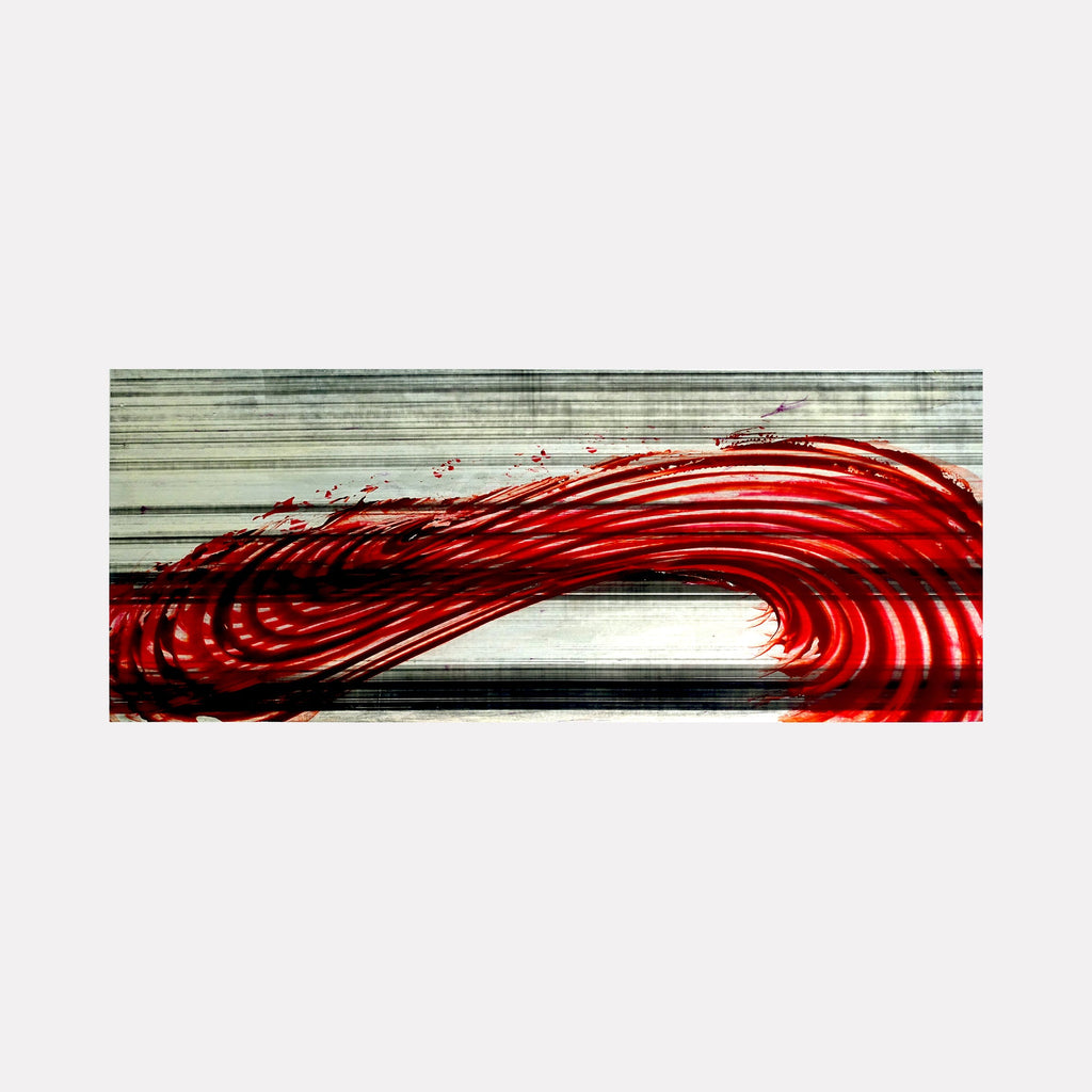 The artwork "Ride the Mindway 02" by John Cox features dynamic red swirling lines resembling a flowing wave or ribbon against a muted, textured gray and white striped background. The piece evokes the energetic movement found in works by Wassily Kandinsky and the bold color contrasts akin to Franz Kline's abstract expressionism.