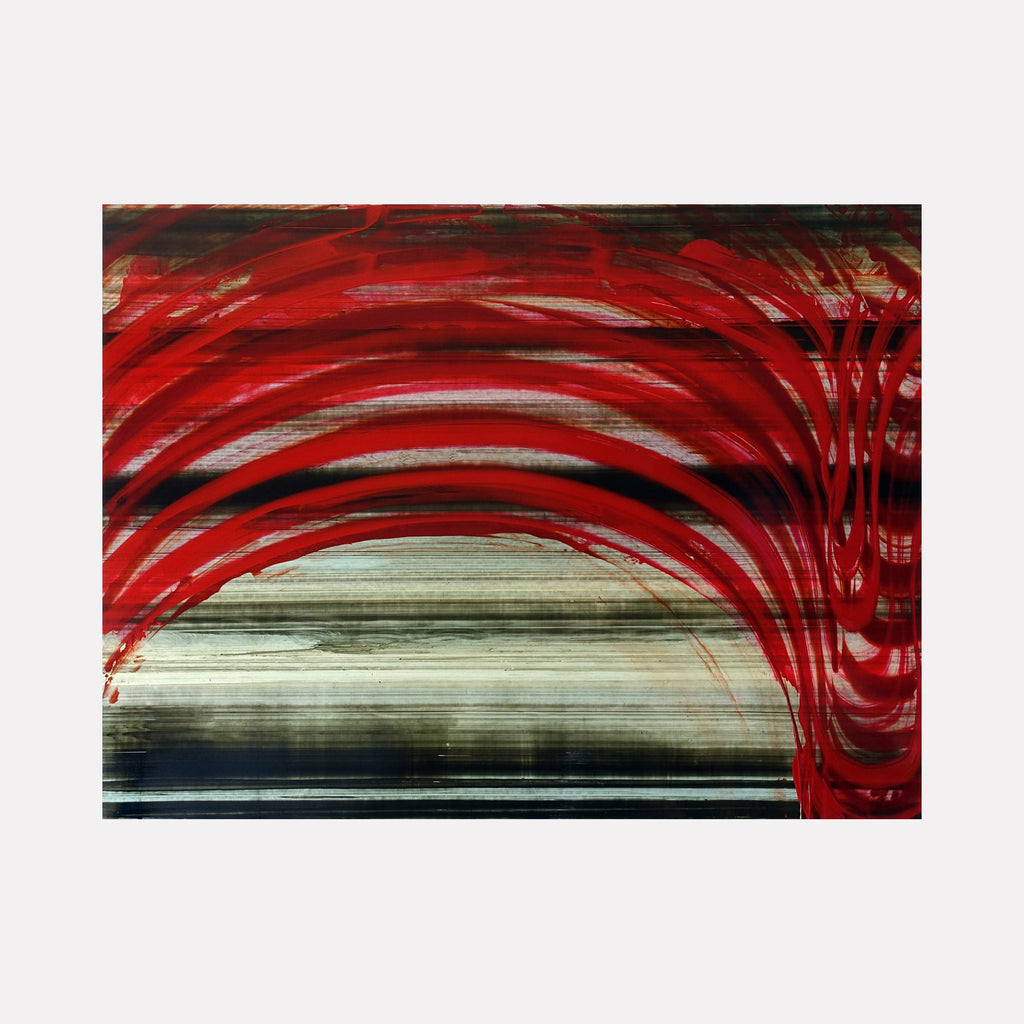 The artwork "Babylon Drifter 01" by John Cox features bold, sweeping red arcs that dominate the upper portion, contrasted against a textured background of muted grays and blacks with horizontal streaks. The piece evokes the abstract expressionism style reminiscent of Mark Rothko's color fields and Franz Kline's dynamic brushwork, blending raw movement with atmospheric depth.