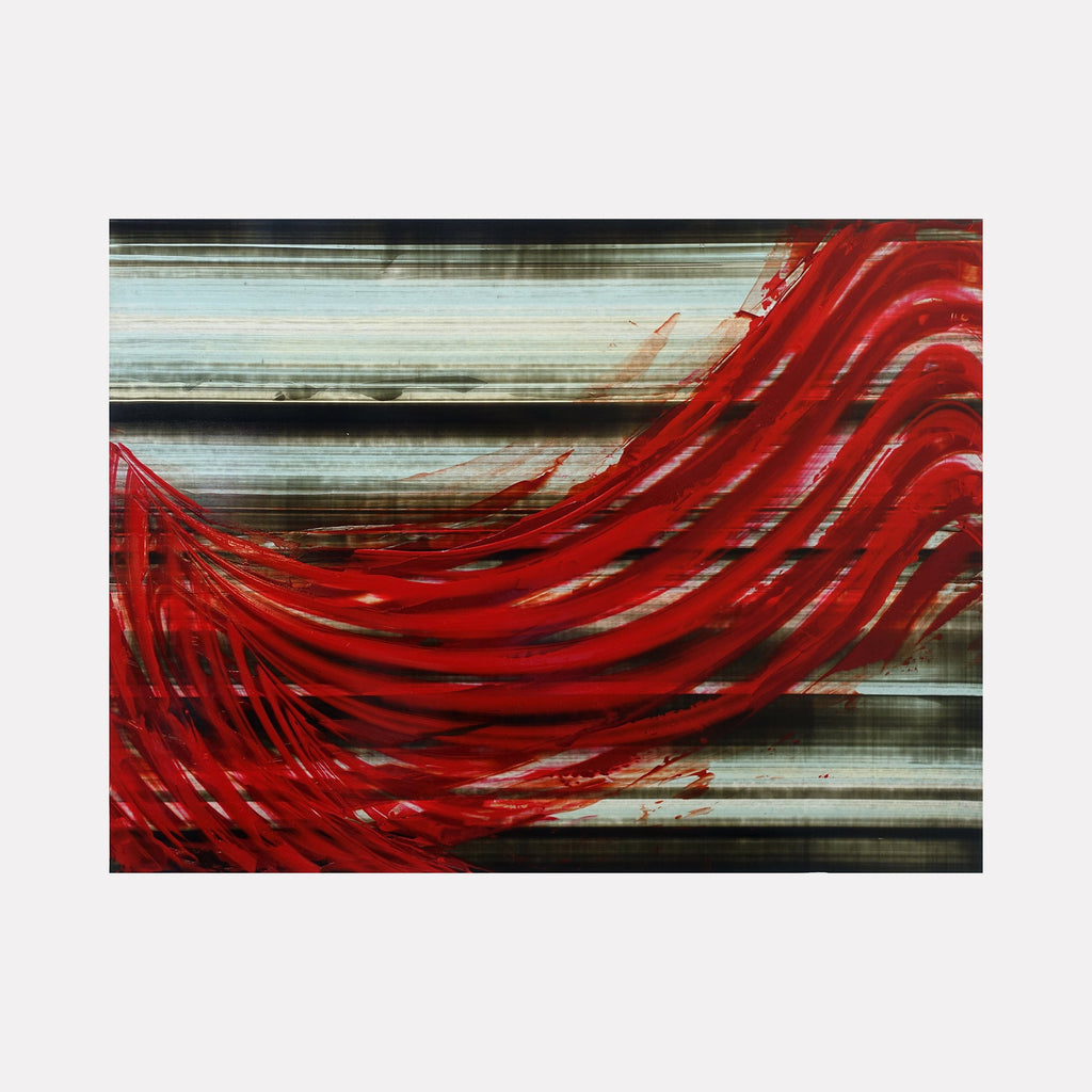 The artwork "Babylon Drifter 02" by John Cox features dynamic bold red brushstrokes that sweep diagonally across a textured, muted background of horizontal blue and gray stripes. The abstract composition evokes the energetic style of abstract expressionists like Jackson Pollock and the layered textures reminiscent of Gerhard Richter’s paintings.