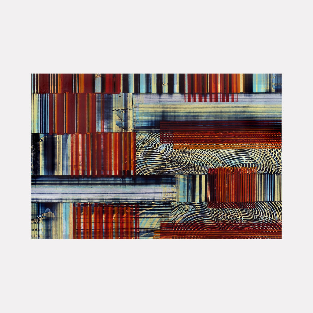 The artwork "Long Periods of Time" by John Cox features an abstract composition of layered rectangular blocks and linear patterns in deep reds, blues, and earthy tones. The textured surface includes intricate swirling motifs reminiscent of Jean Dubuffet's raw style and the geometric abstraction seen in Piet Mondrian’s work, blending organic and structured forms with a weathered, tactile quality.
