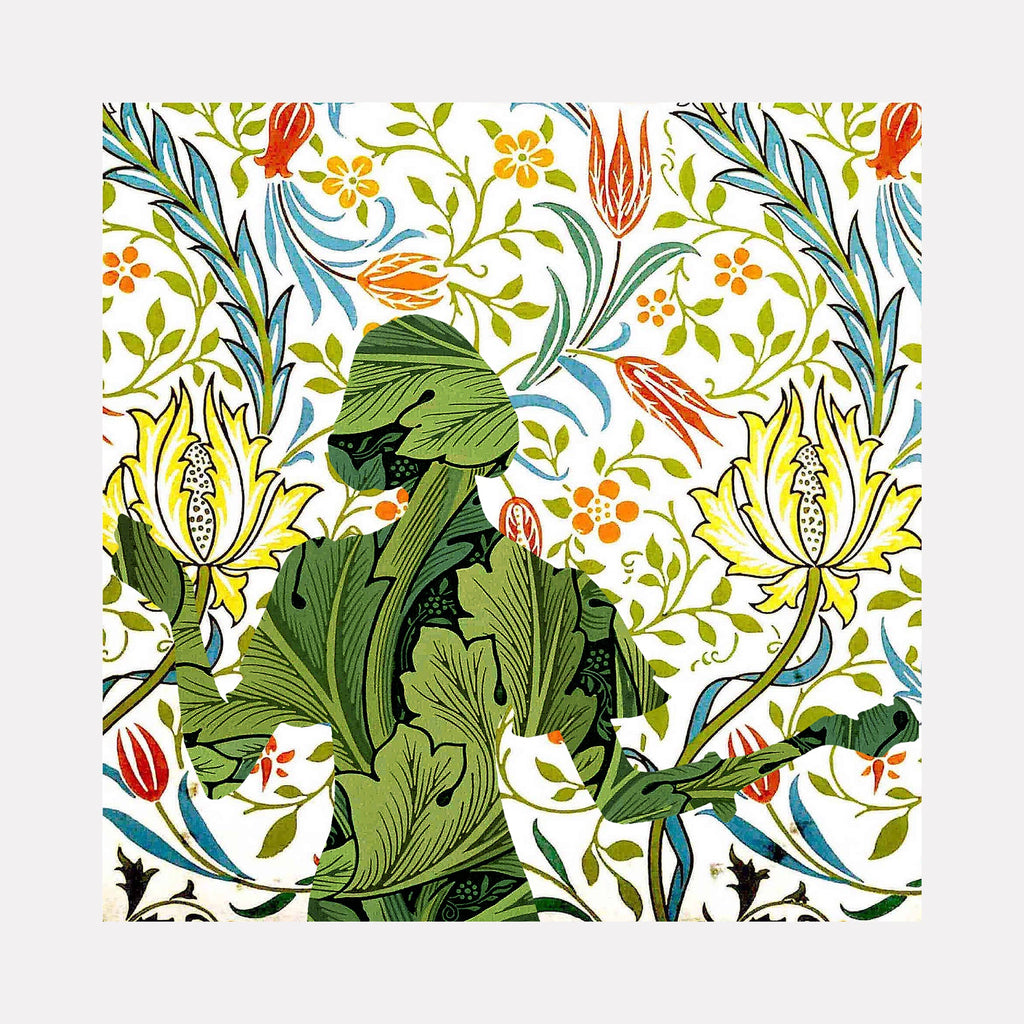 The artwork "Jolly Green" by Theresa Gooby features a silhouette of a person filled with intricate green leaf patterns, set against a vibrant floral background with detailed yellow, orange, and blue flowers and leaves. The design combines organic shapes, bold colors, and a textured, illustrative style. Theresa Gooby
