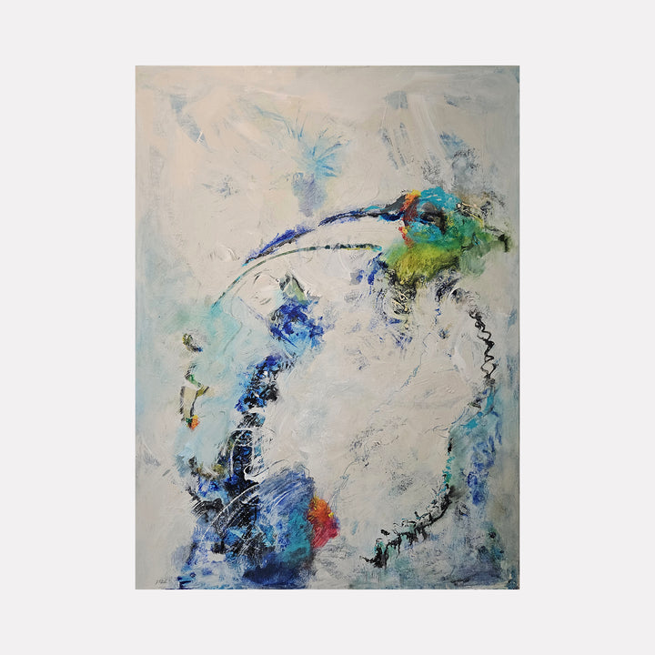 Joyful Noise by Janyce Erlich-Moss is a Curina art piece featuring an abstract composition with soft blues, greens, and touches of orange and black, evoking dynamic movement and layered textures that suggest an expressive, energetic atmosphere.