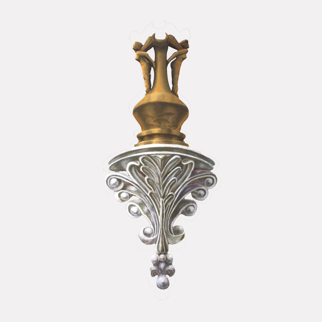 The artwork "Jugenstihl" by Carl Chaiet in gallery position 1 showcases a distinctive sculptural finial with a striking contrast between a golden upper section featuring delicate, intertwined figures and an ornate silver base adorned with stylized acanthus leaves. The piece’s blend of classical motifs and refined metalwork recalls the intricate craftsmanship of Gustav Klimt and the decorative elegance of Art Nouveau design.