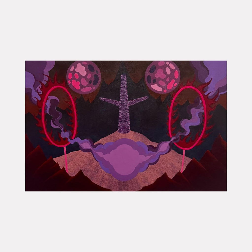 The artwork "Jumping Through Hoops" features abstract shapes including two glowing red rings with smoky purple trails, two orb-like spheres with pink spots, and a textured central cross figure set against a dark, layered background of purples and deep reds. The piece uses a surreal, dreamlike style with rich textures. By Tyler Sorgman.