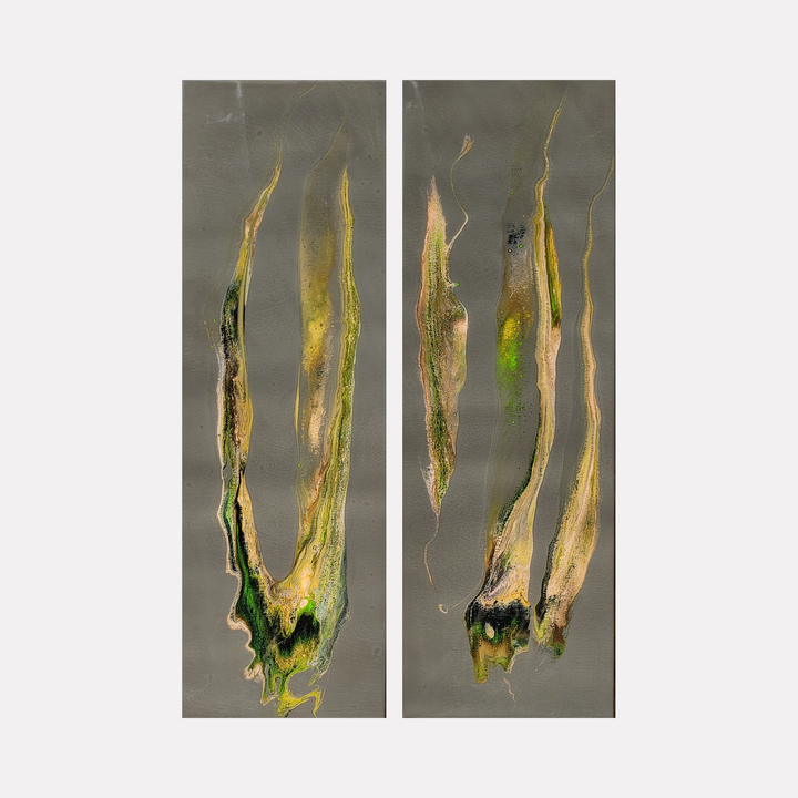 Jungle 1 & 2 by Swann Freslon presents a diptych with elongated, organic shapes in earthy greens, golds, and muted browns set against a soft gray background, evoking the textured layers and fluid motion of natural growth in a sophisticated, contemporary abstract style.