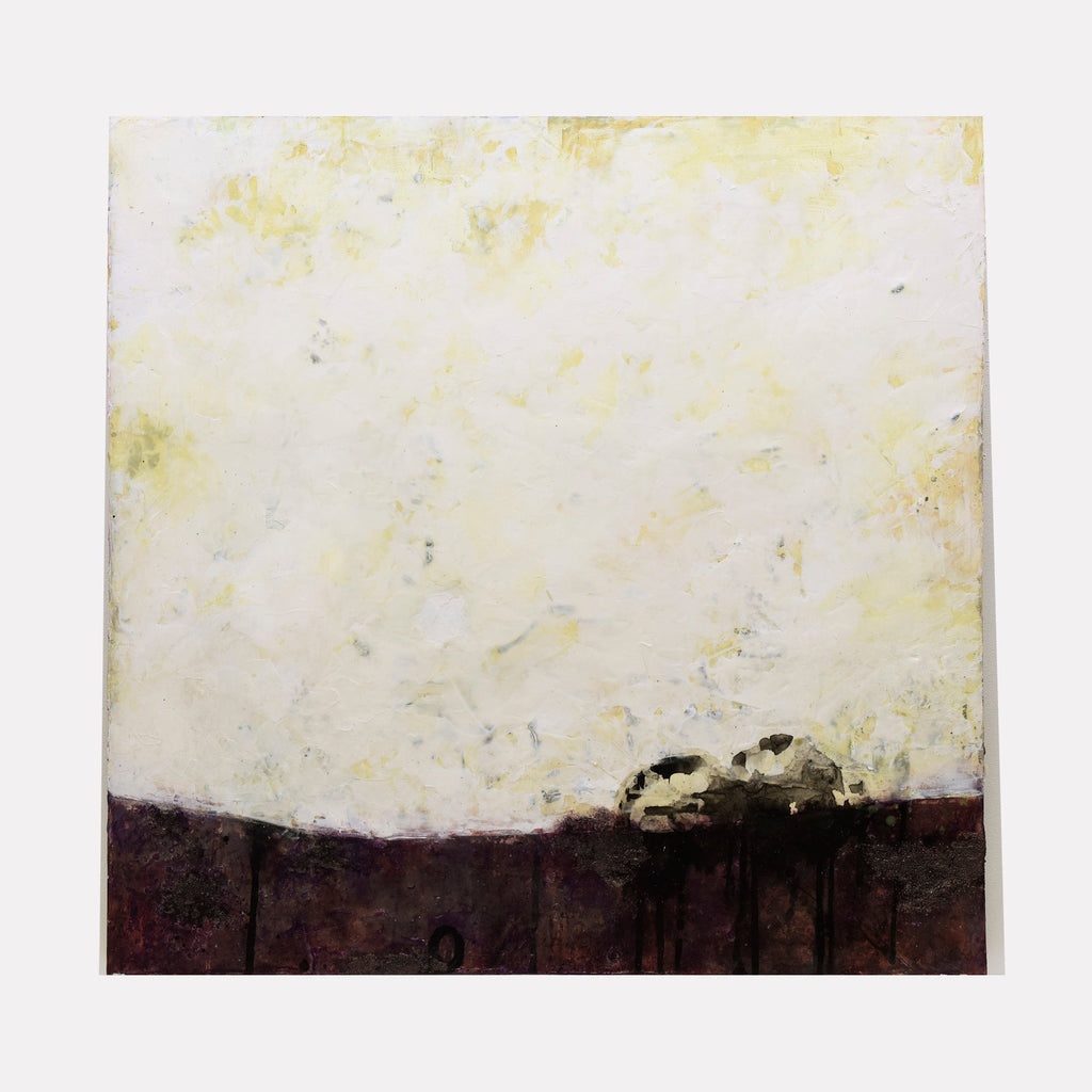 The artwork "Just the Beginning" by Deborah Chaney features a predominantly pale yellow and off-white textured sky blending softly into a deep maroon and black horizontal base. The composition suggests abstract minimalism with subtle organic forms, reminiscent of Mark Rothko’s color field and Anselm Kiefer’s layered textures, evoking a contemplative and serene atmosphere.