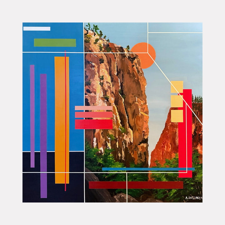 The artwork "Just In Time" by Adam Anglin features a striking blend of natural and geometric elements, with detailed rocky cliffs in warm earthy tones contrasted against bold, colorful rectangles and lines in blue, orange, red, purple, and green. The composition juxtaposes realistic texture with abstract shapes, showcasing modern artistic style by Adam Anglin.