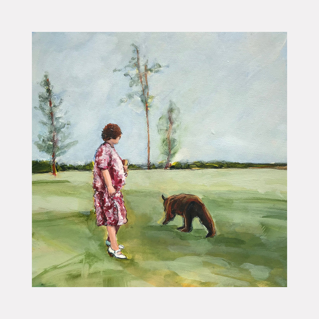 The artwork "Just Lost My Picnic Spirit" by Jo Carol Mitchell-Rogers depicts a contemplative figure in a red patterned dress standing on a textured grassy field under a pale sky, accompanied by a small brown animal. The loose, impressionistic brushstrokes and muted color palette evoke styles reminiscent of Edward Hopper and Andrew Wyeth.